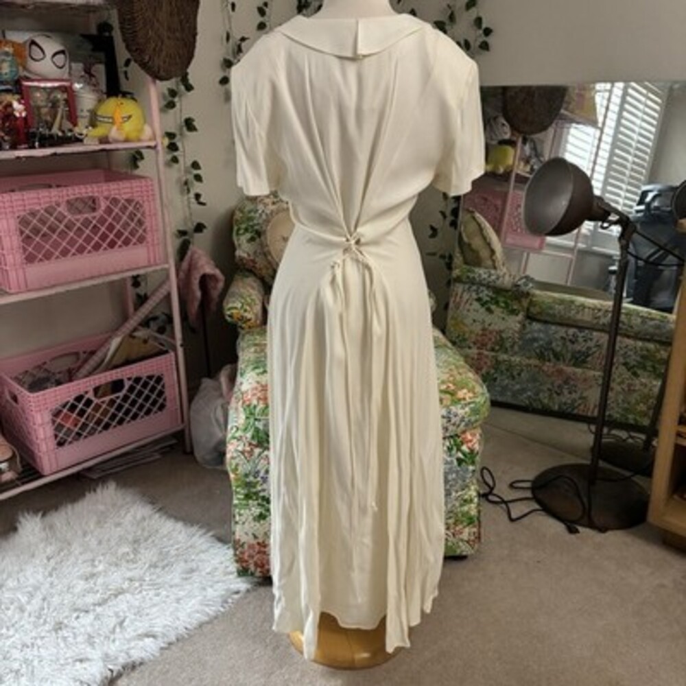 Vintage 1980s Ivory Button Front Dress Lace Collar Romantic Midi Size 11 - Picture 5 of 10